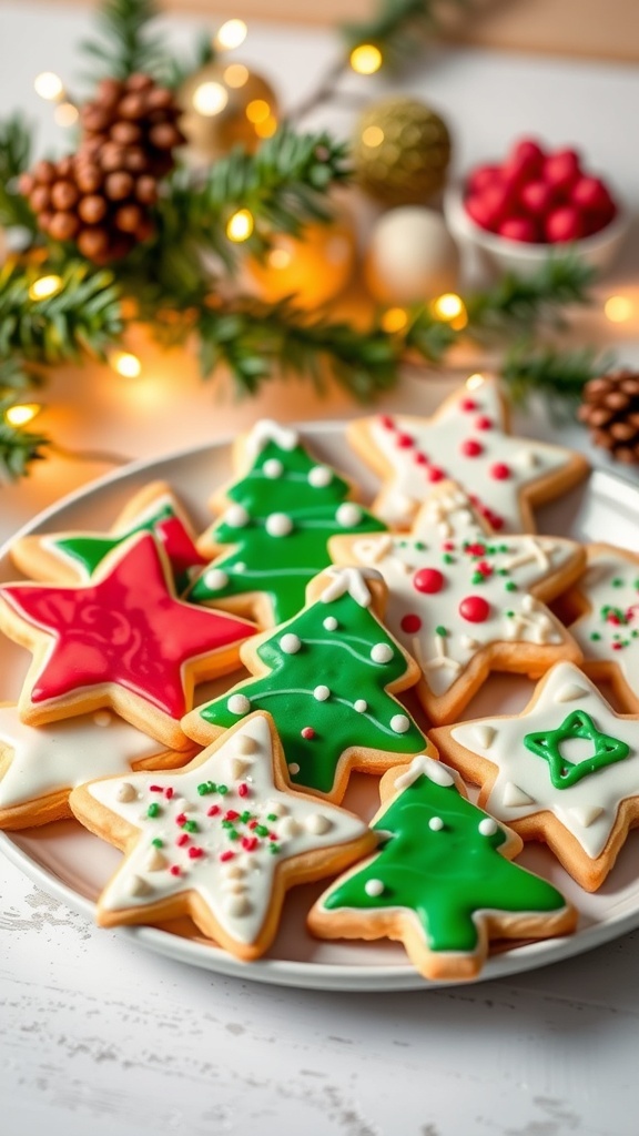 A plate of colorful Christmas sugar cookies in festive shapes with icing and sprinkles.